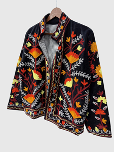 Hand Embroidered Floral Velvet Quilted Jacket Full Sleeve Mandarin Collar Plus Size Adult Cotton Lining Bohemian Spring Wear - Product Image 3