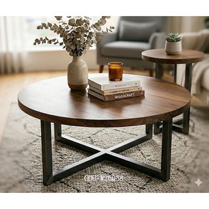 Modern Round Coffee <b>Table</b> <b>Set</b> Wood X Base Optional <b>Side</b> <b>Table</b> - Product Image 2