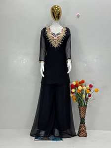 Nouvel ensemble kurta et palazzo noir brodé pour mariage et soirée, col halter, en tissu organza Tebby lourd infroissable - Product Image 5