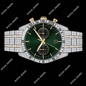 Montre chronographe de luxe avec cadran vert serti de diamants et accents dorés - Product Image 3