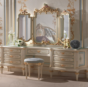 Luxury carved wooden vanity <b>table</b> set <b>with</b> built-in side sconces and round <b>stool</b>, available at wholesale prices. - Product Image 2