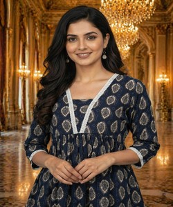 NEW ARRIVAL COTTON PRINTED WITH LACE WORK ONLY <b>TOP</b> DAILY WEAR WHOLESALE PRICE ETHNIC GARMENT NAVY BLUE - Product Image 2