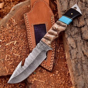 Couteau de chasse Bowie de survie personnalisé fait main en acier Damas à lame coupée à la main, lame de 5 pouces, manche en corne de bélier, ambidextre, pour mariage - Product Image 5