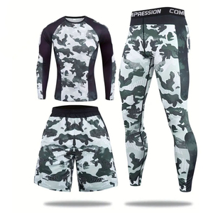 Men's 3-Piece <b>Compression</b> Workout Set Rashguard Long Sleeve <b>Shirt</b> Shorts Leggings MMA Gym Fitness Sportswear Wholesale OEM - Product Image 4