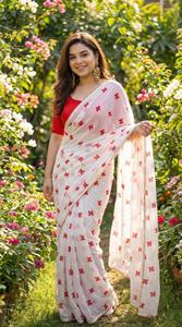 Sari en Georgette Douce pour Femme avec Imprimé Numérique et Bordure en Dentelle Perlée, Séchage Rapide et Extensible, Tenue Décontractée - Product Image 2