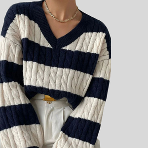 Pull vintage rayé à blocs de couleur pour femme, en tricot de laine et viscose, à manches longues, col en V, boutonné, coupe ample - Product Image 2