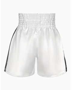 Shorts de boxe en satin blanc pour hommes, taille mi-haute, élastiques, séchage rapide, motif moucheté, PROFIT SPORTS, vente en gros, personnalisables - Product Image 3