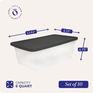 6 Quart Clear Plastic <b>Storage</b> Bins with Gray Lids <b>Stackable</b> Organizer <b>Boxes</b> for Bedroom Bathroom Garage - Product Image 2