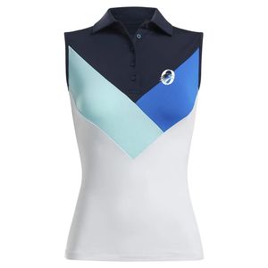 Polo de Mujer en Blanco y Azul con Bloques de Color, Manga Corta, Ligero, Deportivo, Elegante, para Golf y Entrenamiento al Aire Libre - Product Image 1