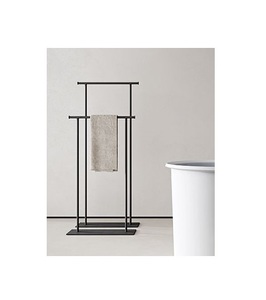 Minimal Black Metal Dual Height <b>Towel</b> Rack Freestanding <b>Holder</b> Bathroom Organizer Space Saving Durable Modern Structure - Product Image 1