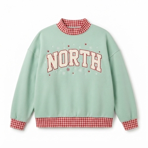North <b>Glitter</b> Print Pullover Women's <b>Blue</b> Knitted Sweatshirt Mock Neck Gingham Trim Winter Casual Long Sleeve - Product Image 4