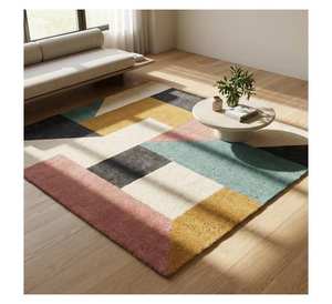 Alwyn Alfombra Geométrica de Lana, Alfombra Contemporánea con Patrón de Bloques Geométricos Multicolores, 100% Fibras de Lana Natural, Textura 3D - Product Image 1