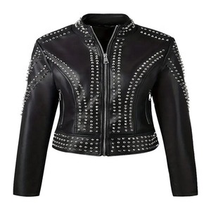 Blouson de moto en cuir PU style punk avec rivets décoratifs, col montant, fermeture éclair, unisexe, coupe courte et ajustée, pour l'automne - Product Image 1