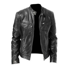 Manteau de moto pour hommes, col montant coupe-vent, poches zippées, veste de moto en cuir lisse de grande taille, mi-longue - Product Image 5