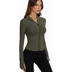Chaqueta de yoga con cremallera para mujer, cuello alto, manga larga, orificios para los pulgares, nailon, spandex, ligera, transpirable, para entrenamiento - Product Image 5