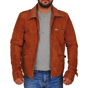 <b>Men's</b> Brown <b>Suede</b> Leather <b>Jacket</b> Stand Collar Casual Winter Wear Regular Fit Streetwear Breathable Eco-Friendly - Product Image 1