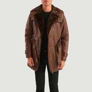 Plus Size Men Genuine Leather Waterproof Winter Trench Coat Long Sleeve Belted Fur Trim Outerwear Casual Streetwear - Product Image 1