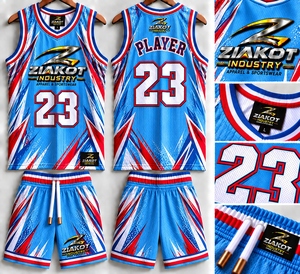 เสื้อบาสเก็ตบอลคอกลมสีฟ้าอ่อนแดงขาวแบบริบถักสั่งทำจากโรงงาน ZIAKOT ขายส่งโดยตรง - Product Image 1
