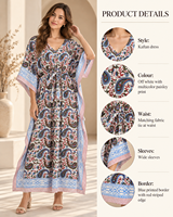 Robe longue bohème pour femme en coton tissé 100 %, imprimé floral, col en V, respirante, paréo de plage, coupe ample