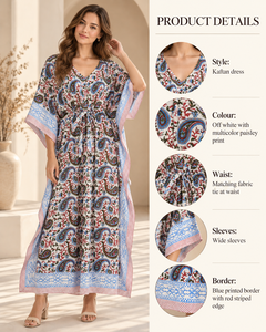 Vestido Maxi Kaftan Boho para Mujer, Tejido 100% Algodón, Estampado Floral, Cuello en V, Transpirable, para Playa, Corte Holgado - Product Image 4