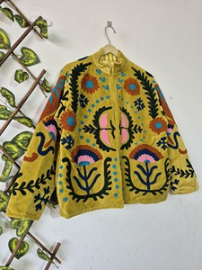 Luxury Yellow <b>Velvet</b> Suzani Embroidered <b>Jacket</b> with Floral Print Full Sleeve Stand Collar Bohemian <b>Women's</b> Winter Outerwear - Product Image 3