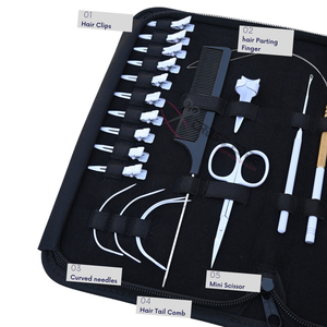 Kit de herramientas todo en uno para extensiones de cabello con cinta adhesiva negra, que incluye pinzas para microperlas, pinzas removedoras, mini tijeras para cortar hilos y clips de estilizado. - Product Image 3