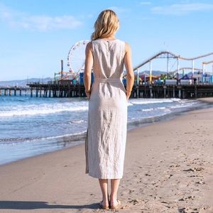 Robe d'été en lin la plus vendue, sans manches, avec fente latérale, poches et ceinture, style minimaliste - Product Image 1