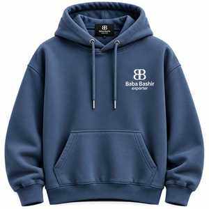 เสื้อฮู้ดฟลีซแบบยูนิเซ็กซ์ ผ้าฝ้าย 100% สีน้ำเงินล้วน มีกระเป๋าโลโก้ด้านหน้า สวมใส่สบาย กันลม เหมาะสำหรับฤดูใบไม้ร่วง ทรงโอเวอร์ไซส์ รับผลิตแบบ OEM - Product Image 1