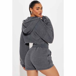 Women's Gray Fleece Hooded Crop Top Shorts <b>Set</b> Casual Two Piece Outfit Loose Fit Spring Summer Solid Color Knitted Sweatwear - Product Image 3