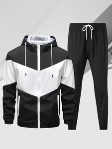 Men's Solid Color Blocking Printed Breathable 340g Hoodie Jogger <b>Set</b> Casual Winter Wear Knitted Polyester Cotton Sweatshirt - Product Image 1