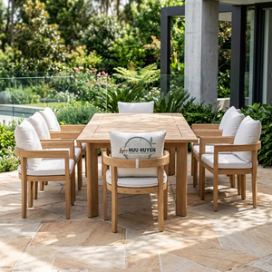 6/8 Seater Wood <b>Outdoor</b> Dining Set Modern <b>Garden</b> Furniture <b>Table</b> and Chairs White Cushions Custom Colors - Product Image 4