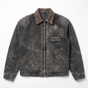 Veste zippée en toile épaisse noire délavée style vintage avec broderie boussole, coupe oversize, style workwear et streetwear rétro pour homme - Product Image 2