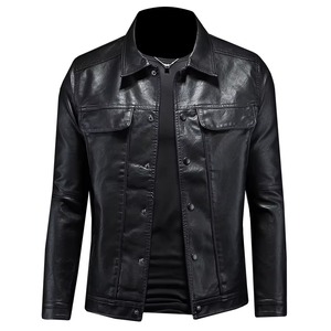 Chaqueta de Cuero PU Marrón para Hombre, Cuello Camisero, Cierre de Botones, Corte Entallado, Estilo Casual Otoñal, Color Sólido, Estilo Vintage - Product Image 2