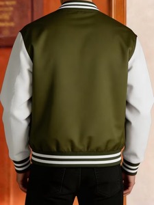 High Quality 100% Cotton <b>Men's</b> <b>Summer</b> Solid Olive Green Varsity <b>Jacket</b> with Patch Designs and Logo Front Print Casual Style OEM - Product Image 5