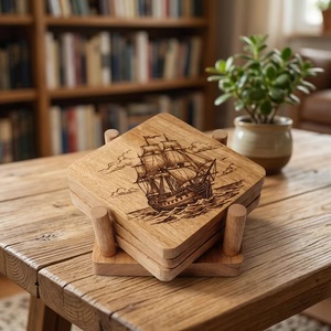 Juego de Posavasos Cuadrados de Madera con Diseño de Barco, Posavasos y Alfombrillas Hechas a Mano de Estilo Vintage - Product Image 1