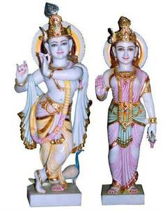 Magnifiques idoles de Radha Krishna en marbre blanc faites à la main, en position debout, avec une main en bénédiction pour le culte et le temple - Product Image 5