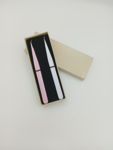 Ensemble de pinces à cils de précision à pointe lisse en acier inoxydable, étui crème, outil professionnel pour cils, 2 pièces, logo personnalisé, pointe ultra-fine - Product Image 2