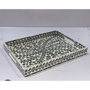 Plateau de service rectangulaire décoratif en bois avec incrustation d'os, motif géométrique noir et blanc, fait à la main, pour la décoration intérieure - Product Image 5