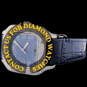 Reloj de Pulsera de Cuero Azul con Diamantes de Moissanita, Estilo Único y Hermoso, Caja Cuadrada con Esfera de Números Romanos, Joyería Personalizada - Product Image 1