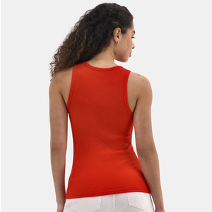 Women's Red Ribbed Knitted Tank <b>Top</b> O-Neck Sleeveless Casual Fit Solid Color Breathable Spandex Polyester Fabric - Product Image 4