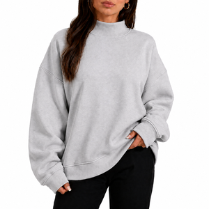 Pull molletonné léger en coton brossé pour femme, col montant oversize, imprimé par transfert thermique, style décontracté - Product Image 1