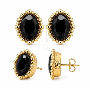 Pendientes de botón de lujo chapados en oro con ónix negro, halo de cuentas y gema ovalada, pendientes llamativos para mujer - Product Image 3