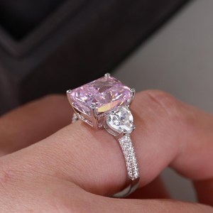 Bague de fiançailles en or massif rose avec pierre latérale, diamant en or blanc, bague fine, bijoux de mariée en saphir, cadeau pour femme - Product Image 3