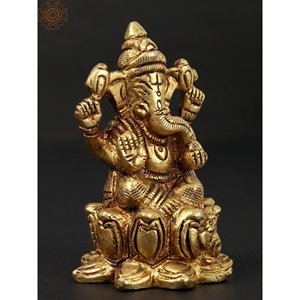 Statue de Ganesha en laiton de 3 pouces faite à la main assise sur une sculpture artistique de lotus d'Inde - Product Image 4