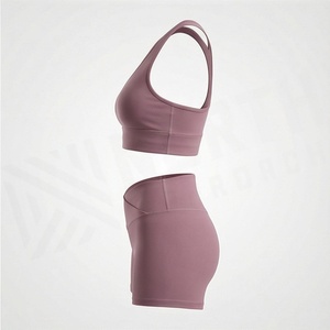 <b>Women's</b> 2 Piece Sports Set Solid Color High Waisted Shorts and Criss-Cross <b>Back</b> Crop Top Breathable Activewear for All Seasons - Product Image 3