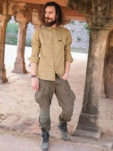 Premium Hand-Stitched <b>Men</b>’s Khaki Cotton Canvas <b>Utility</b> <b>Shirt</b> Artisanal Earthy Ochre Button-Down <b>Shirt</b> - Product Image 5