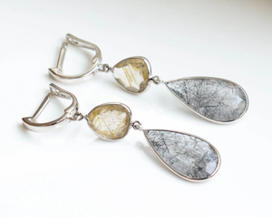 Boucles d'oreilles pendantes en quartz rutilé doré et noir double aura, style tendance en argent 925, super vente, en promotion - Product Image 2