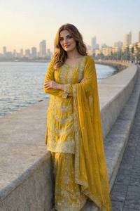 Traje Salwar Kameez Amarillo Bordado, Ropa Étnica Tradicional India y Pakistaní para Mujer, para Bodas y Fiestas - Product Image 2