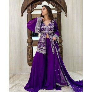 Ensemble haut et bas en mousseline de soie pour femme, taille XL, couleur violette, pour soirée, avec dupatta - Product Image 4