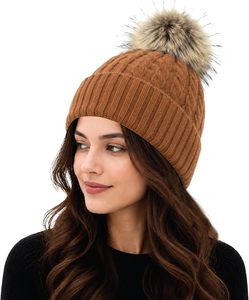 Chunky Cable Knit Mohair <b>Wool</b> <b>Beanie</b> Winter Hat with Faux Fur Pom Pom for Women Men Adults Unisex - Product Image 2